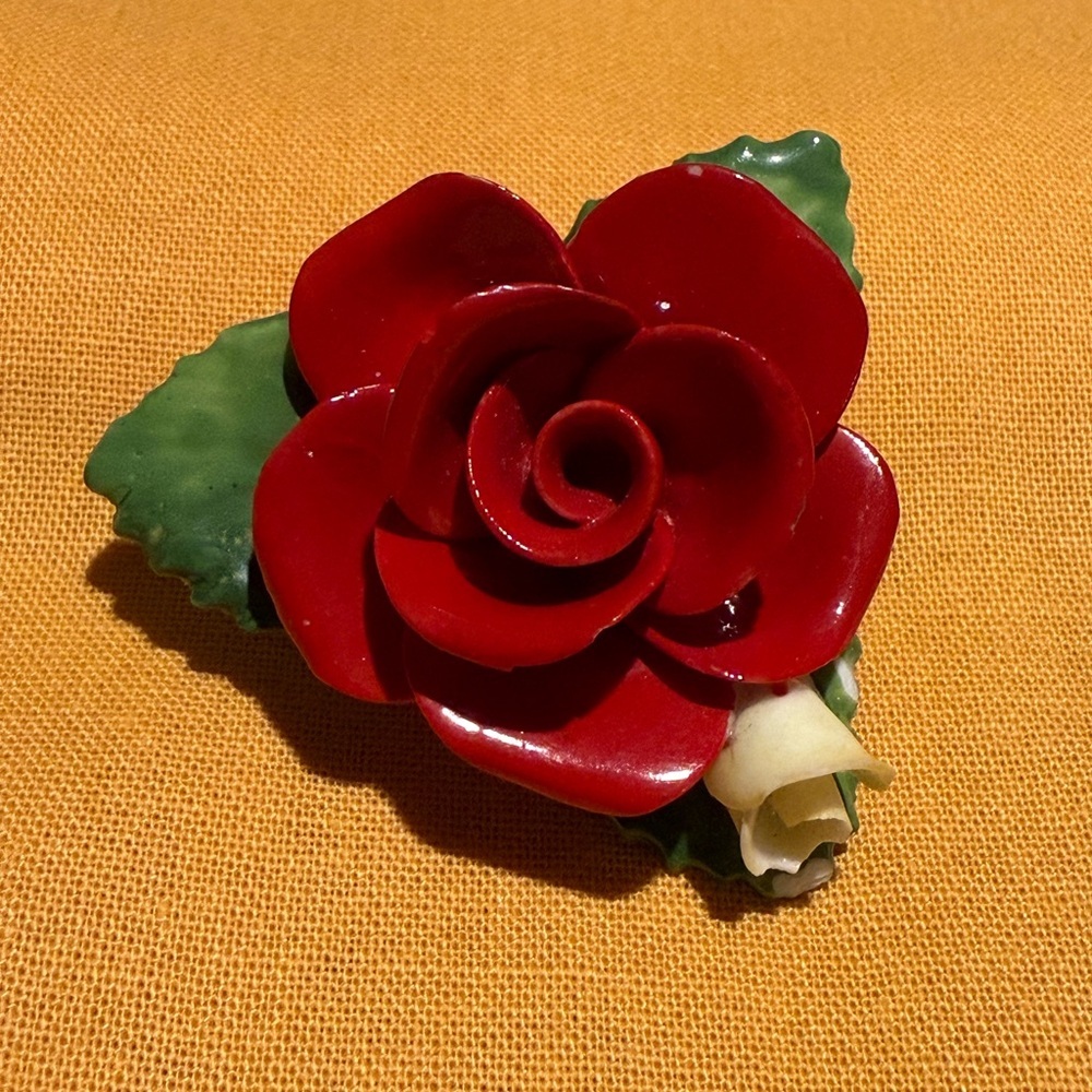 Vintage Cara China Staffordshire Porcelain Red Rose Brooch